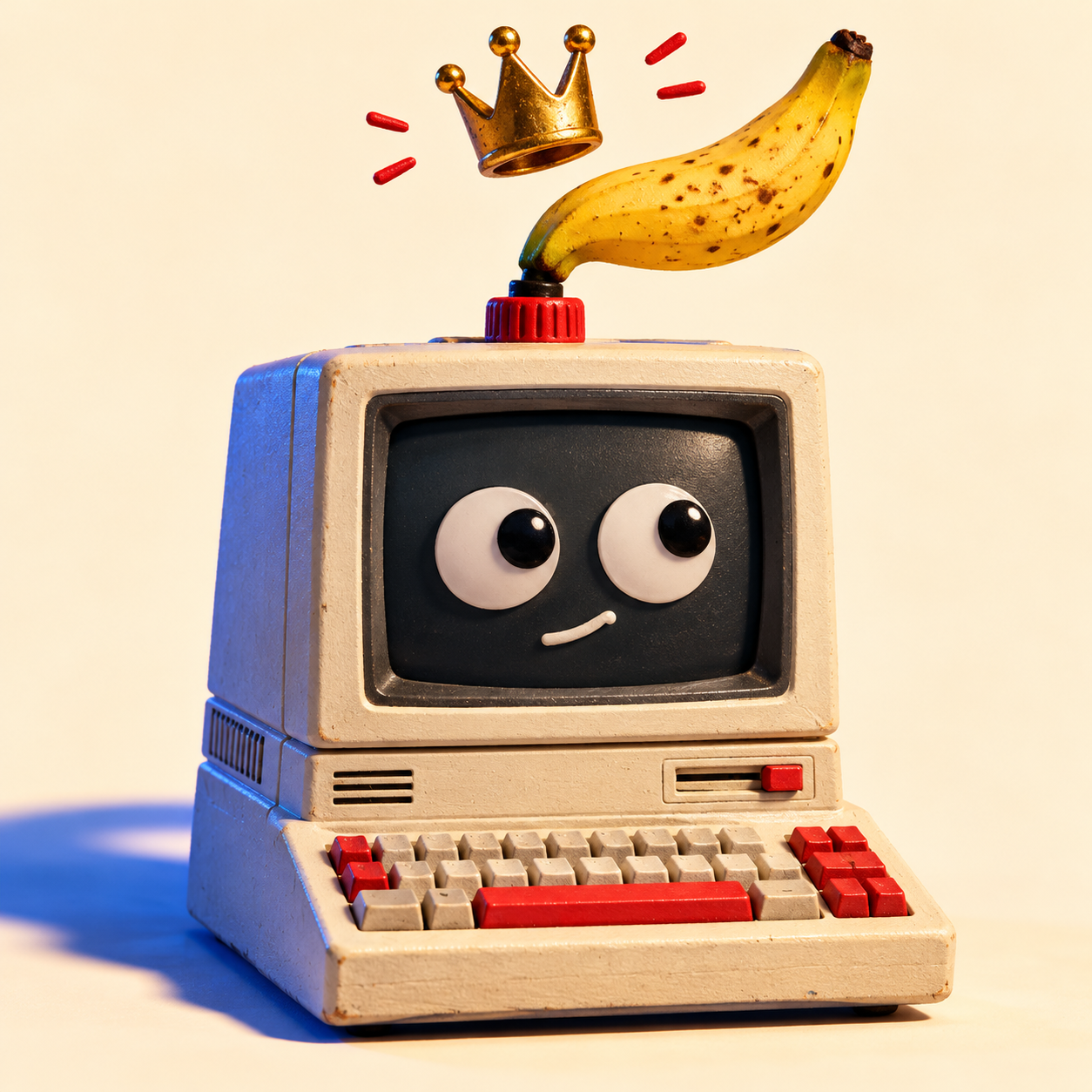 A crowned old computer with a banana antenna and googly eyes